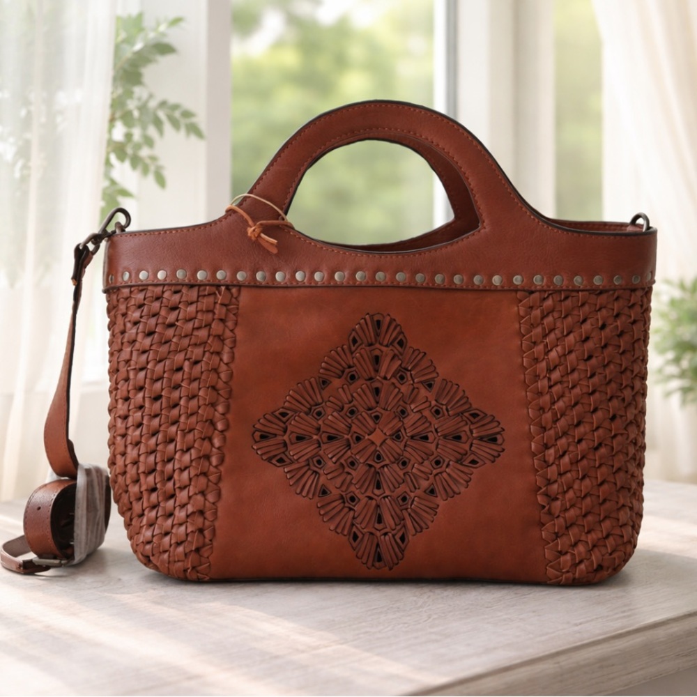 Made in India Woven Brown Leather Med Handbag Crossbody Metal Studs Unique